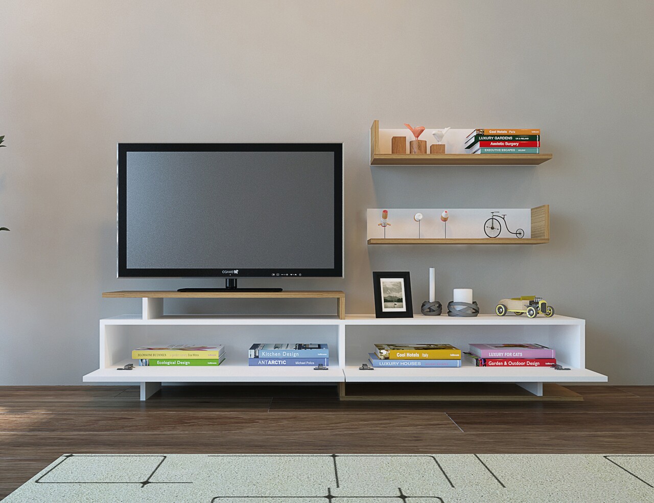 Comoda TV cu 2 rafturi, Decorotika, Ayaz, pal melaminat, stejar/alb - imagine 5